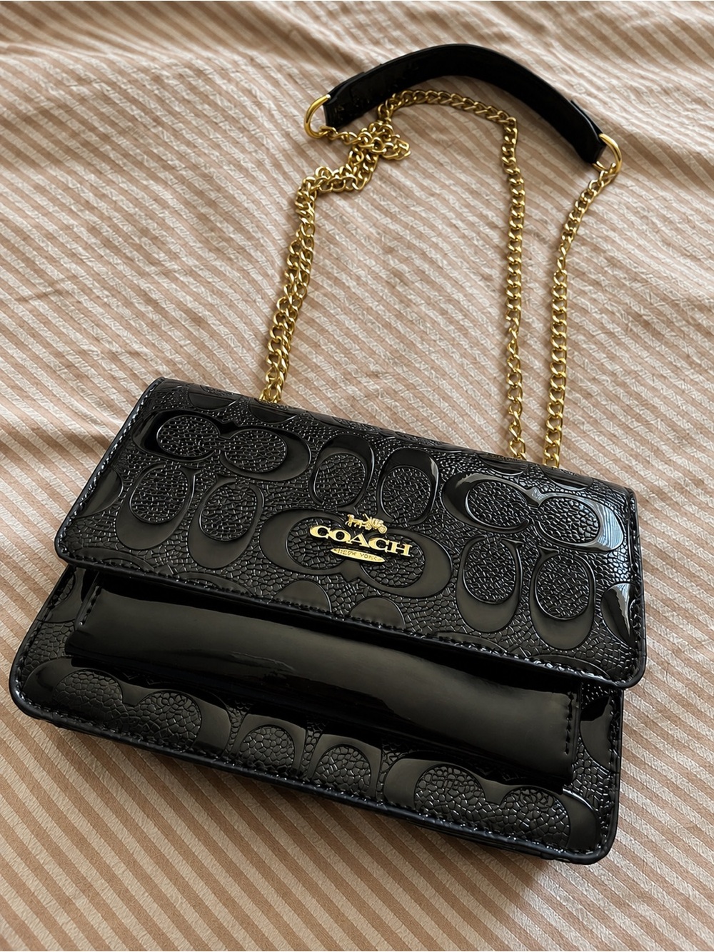 Coach Black Patent Signature and Chain Crossbody Bag with Gold Hardware
